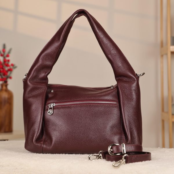 Burgundy Leather Handbag - Zippered and Everyday Bag With Shoulder Strap