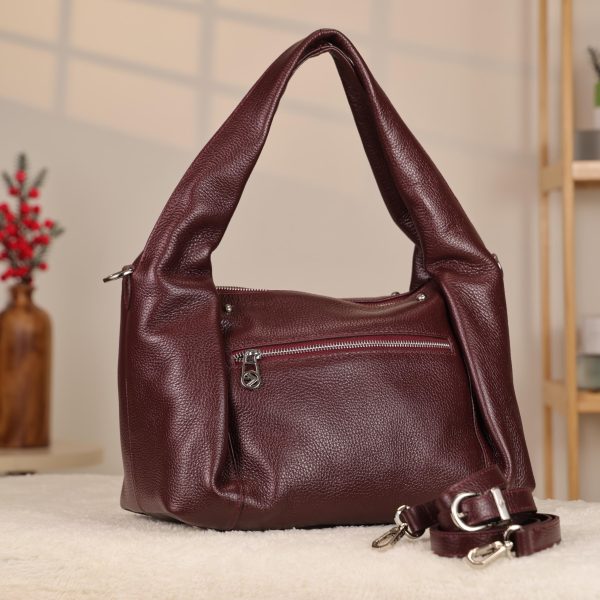Burgundy Leather Handbag - Zippered and Everyday Bag With Shoulder Strap
