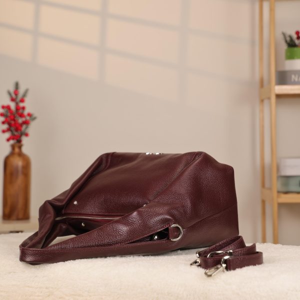 Burgundy Leather Handbag - Zippered and Everyday Bag With Shoulder Strap