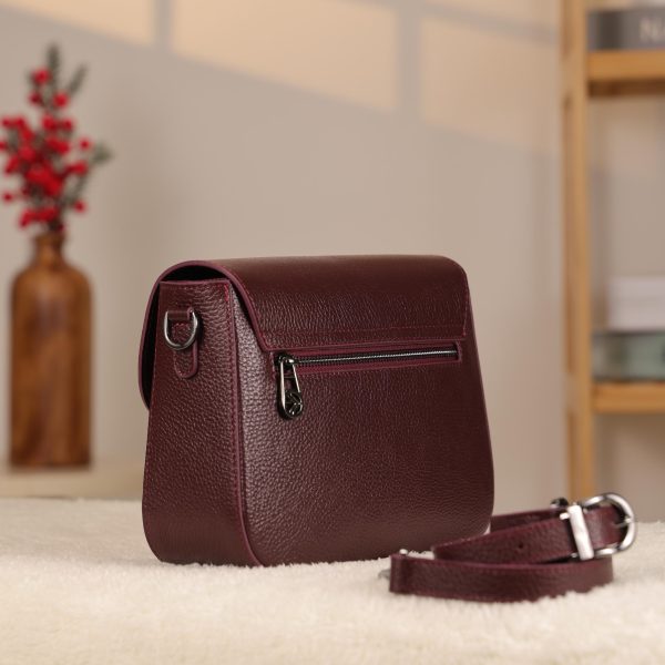 Burgundy Leather Shoulder Bag With Shoulder Strap / Magnetic Closure and Zippered
