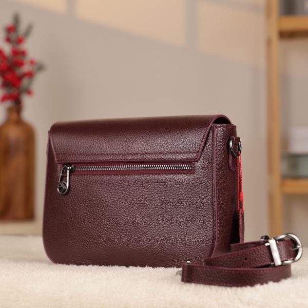 Burgundy Leather Shoulder Bag With Shoulder Strap / Magnetic Closure and Zippered