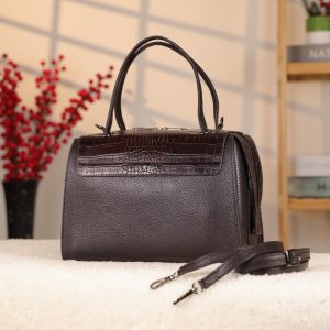 Dark Brown Real Leather Handbag With Shoulder Strap