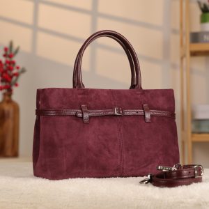 Dark Purple Suede Leather HandBag With Adjustable Shoulder Strap , Everyday Bag