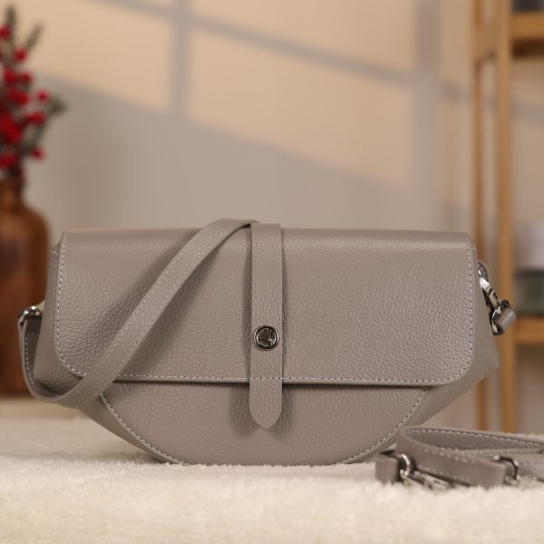 Gray Colour Real Leather Shoulder Bag / Handbag With Shoulder Strap, Zippered and Magnetic Closure