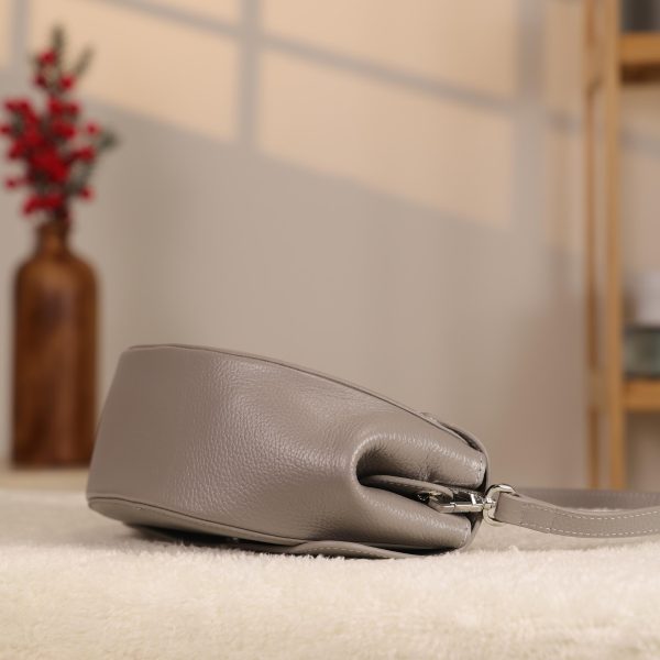 Gray Colour Real Leather Shoulder Bag / Handbag With Shoulder Strap, Zippered and Magnetic Closure