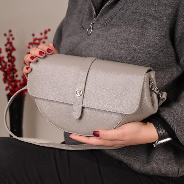 Gray Colour Real Leather Shoulder Bag / Handbag With Shoulder Strap, Zippered and Magnetic Closure