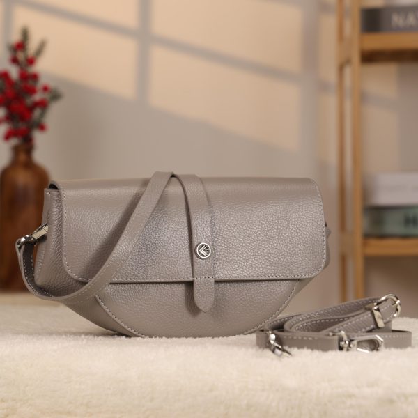 Gray Colour Real Leather Shoulder Bag / Handbag With Shoulder Strap, Zippered and Magnetic Closure