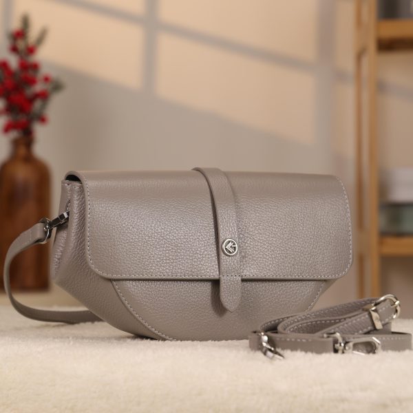 Gray Colour Real Leather Shoulder Bag / Handbag With Shoulder Strap, Zippered and Magnetic Closure
