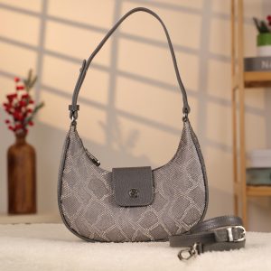 Gray Leather Handbag With Shoulder Strap-Magnetic Closured-Zippered