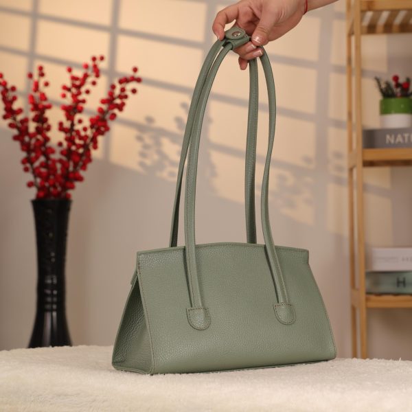 Green Leather Shoulder Bag , Everyday Bag With Magnetic Closure