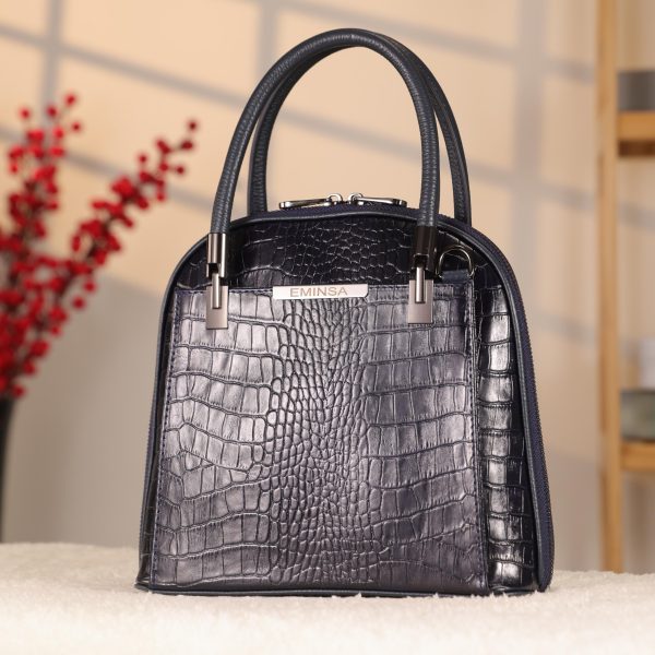 Navy Blue Leather Handbag With Shoulder Strap - Multi-Compartment 5 Navy Blue Leather Handbag With Shoulder Strap - Multi-Compartment