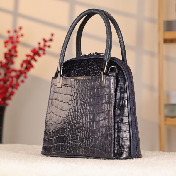 Navy Blue Leather Handbag With Shoulder Strap - Multi-Compartment 6 Navy Blue Leather Handbag With Shoulder Strap - Multi-Compartment