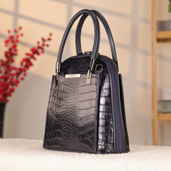 Navy Blue Leather Handbag With Shoulder Strap - Multi-Compartment 8 Navy Blue Leather Handbag With Shoulder Strap - Multi-Compartment