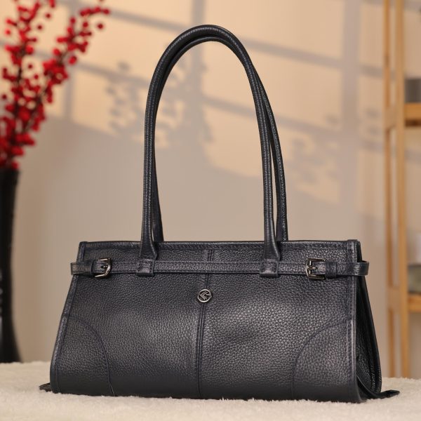 Navy Blue Leather Shoulder Bag and Handbag With Shoulder Strap , Trendy
