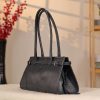 Navy Blue Leather Shoulder Bag and Handbag With Shoulder Strap , Trendy