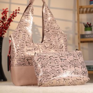 Pink Real Leather Shoulder Bag , Tote With Make-Up Bag and Strap