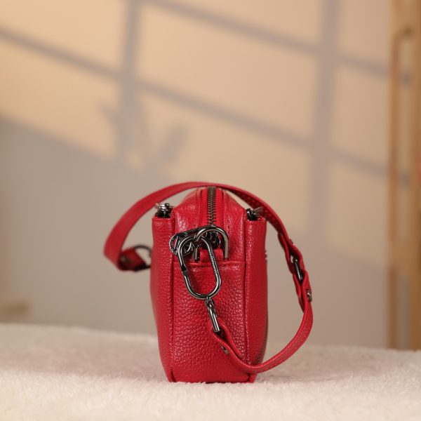 Red Colour Real Leather Bag - 40125 With Shoulder Strap , Zippered and Multi-Compartment