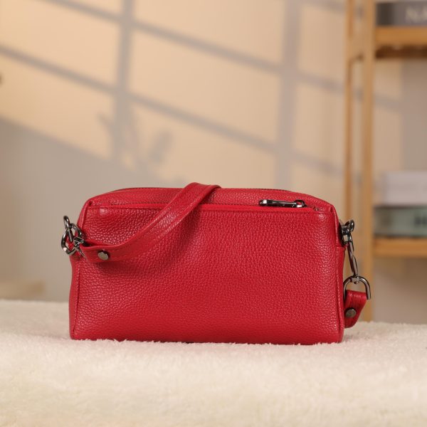 Red Colour Real Leather Bag - 40125 With Shoulder Strap , Zippered and Multi-Compartment