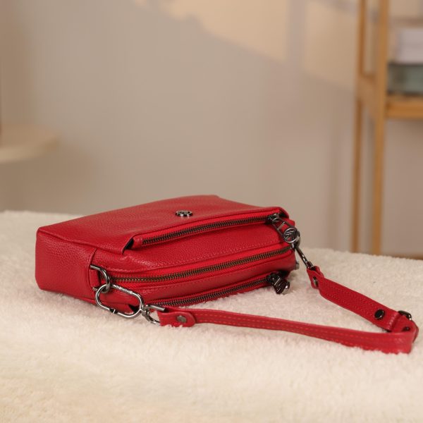 Red Colour Real Leather Bag - 40125 With Shoulder Strap , Zippered and Multi-Compartment