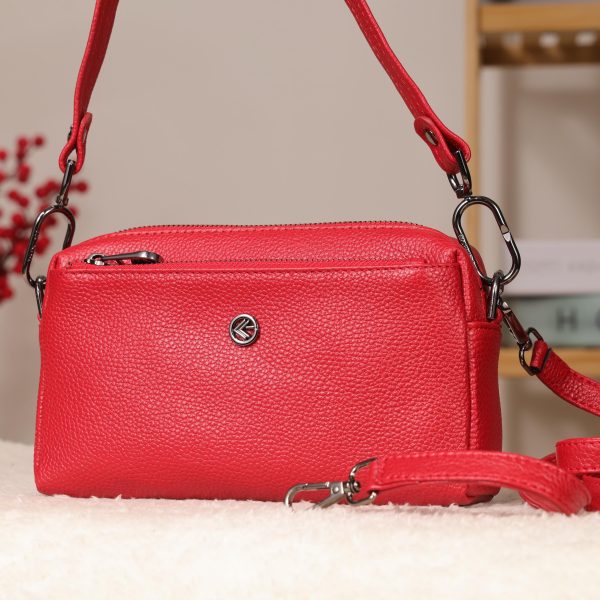 Red Colour Real Leather Bag - 40125 With Shoulder Strap , Zippered and Multi-Compartment