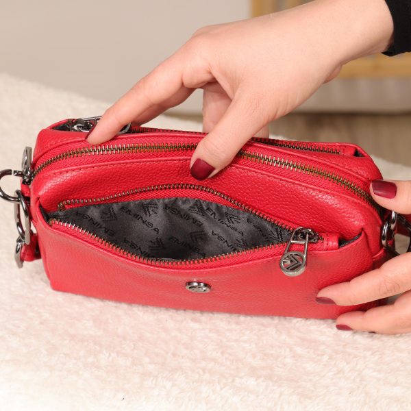 Red Colour Real Leather Bag - 40125 With Shoulder Strap , Zippered and Multi-Compartment