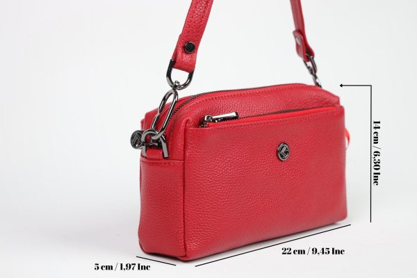 Red Colour Real Leather Bag - 40125 With Shoulder Strap , Zippered and Multi-Compartment