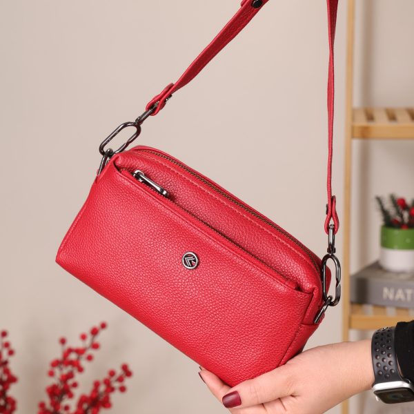 Red Colour Real Leather Bag - 40125 With Shoulder Strap , Zippered and Multi-Compartment