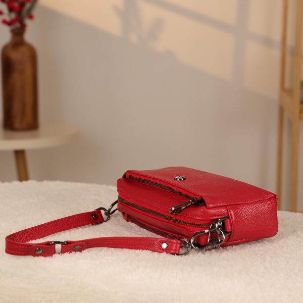 Red Colour Real Leather Bag - 40125 With Shoulder Strap , Zippered and Multi-Compartment