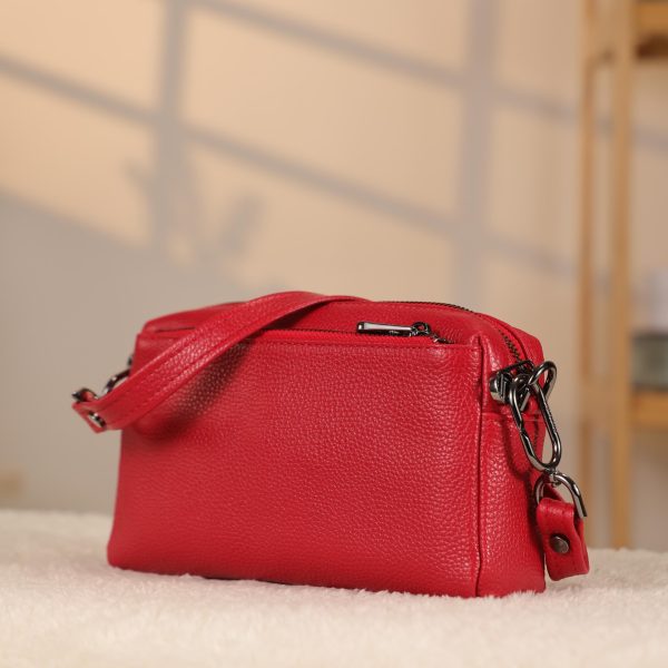 Red Colour Real Leather Bag - 40125 With Shoulder Strap , Zippered and Multi-Compartment