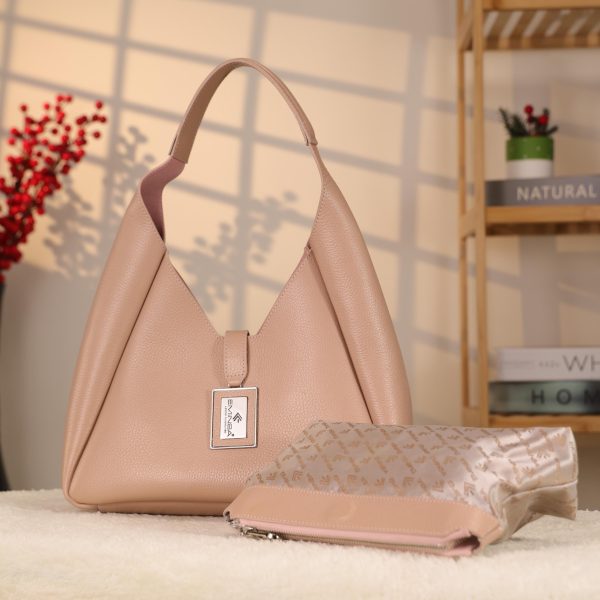Rose Gold Real Cow Leather Handbag With Make-Up Bag 1 Rose Gold Real Cow Leather Handbag With Make-Up Bag
