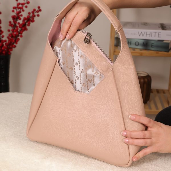 Rose Gold Real Cow Leather Handbag With Make-Up Bag 2 Rose Gold Real Cow Leather Handbag With Make-Up Bag