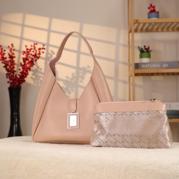 Rose Gold Real Cow Leather Handbag With Make-Up Bag 6 Rose Gold Real Cow Leather Handbag With Make-Up Bag
