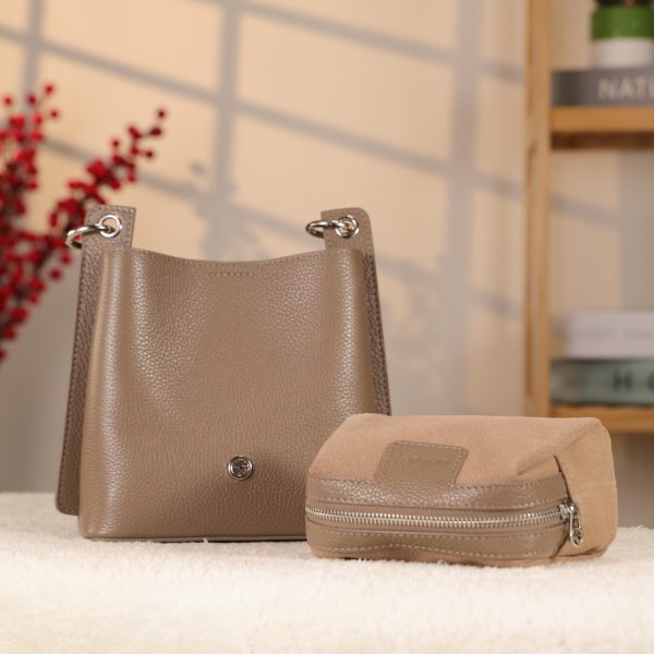 Taupe Colour Mini Handbag With Make Up Bag / Shoulder Strap
