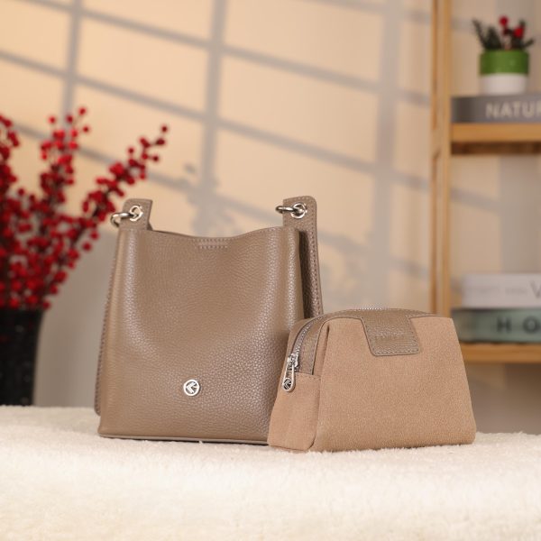 Taupe Colour Mini Handbag With Make Up Bag / Shoulder Strap