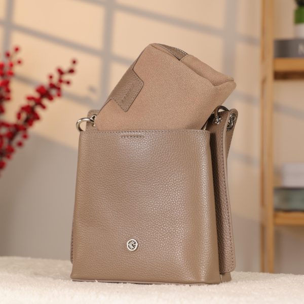Taupe Colour Mini Handbag With Make Up Bag / Shoulder Strap