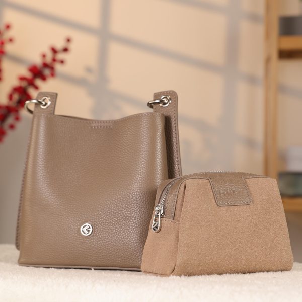 Taupe Colour Mini Handbag With Make Up Bag / Shoulder Strap