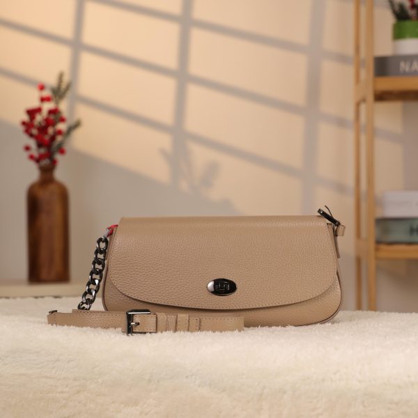 Taupe Leather Shoulder Bag and Handbag with Chain / Zipper / Magnetic Closure