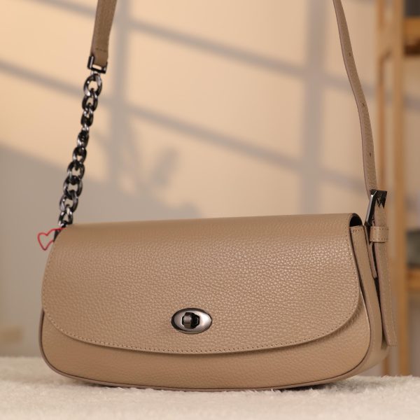 Taupe Leather Shoulder Bag and Handbag with Chain / Zipper / Magnetic Closure