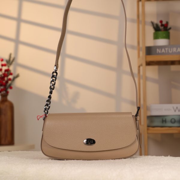 Taupe Leather Shoulder Bag and Handbag with Chain / Zipper / Magnetic Closure