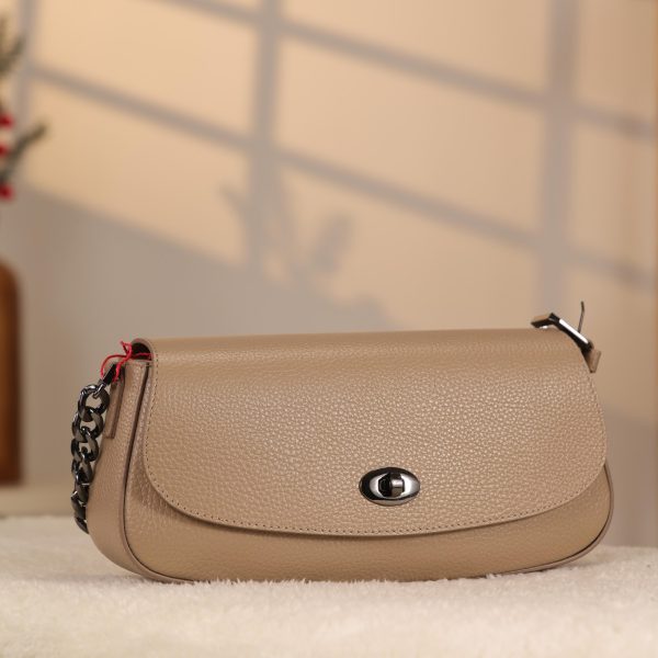 Taupe Leather Shoulder Bag and Handbag with Chain / Zipper / Magnetic Closure