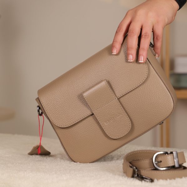 Taupe Leather Shoulder Bag / Handbag with Shoulder Strap , Zippered and Magnetic Closure