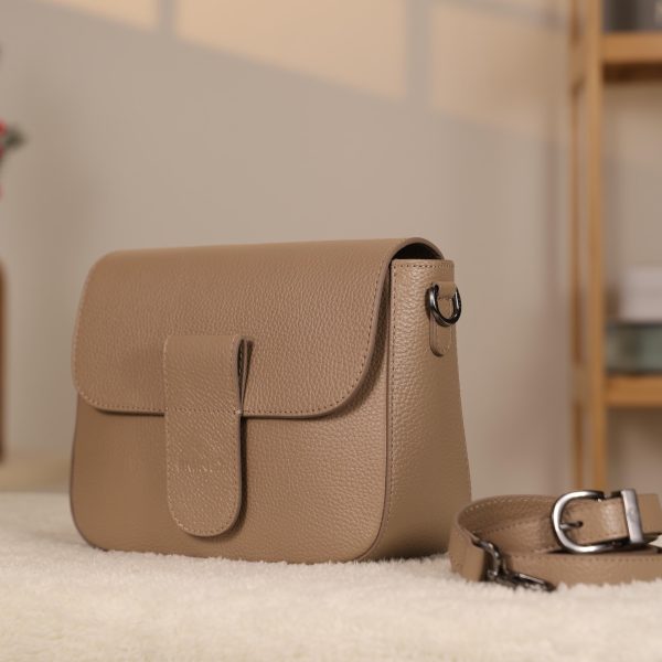 Taupe Leather Shoulder Bag / Handbag with Shoulder Strap , Zippered and Magnetic Closure