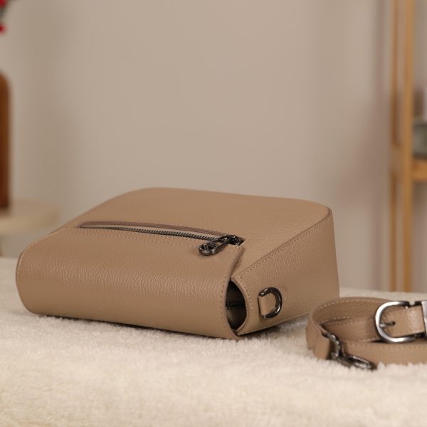 Taupe Leather Shoulder Bag / Handbag with Shoulder Strap , Zippered and Magnetic Closure